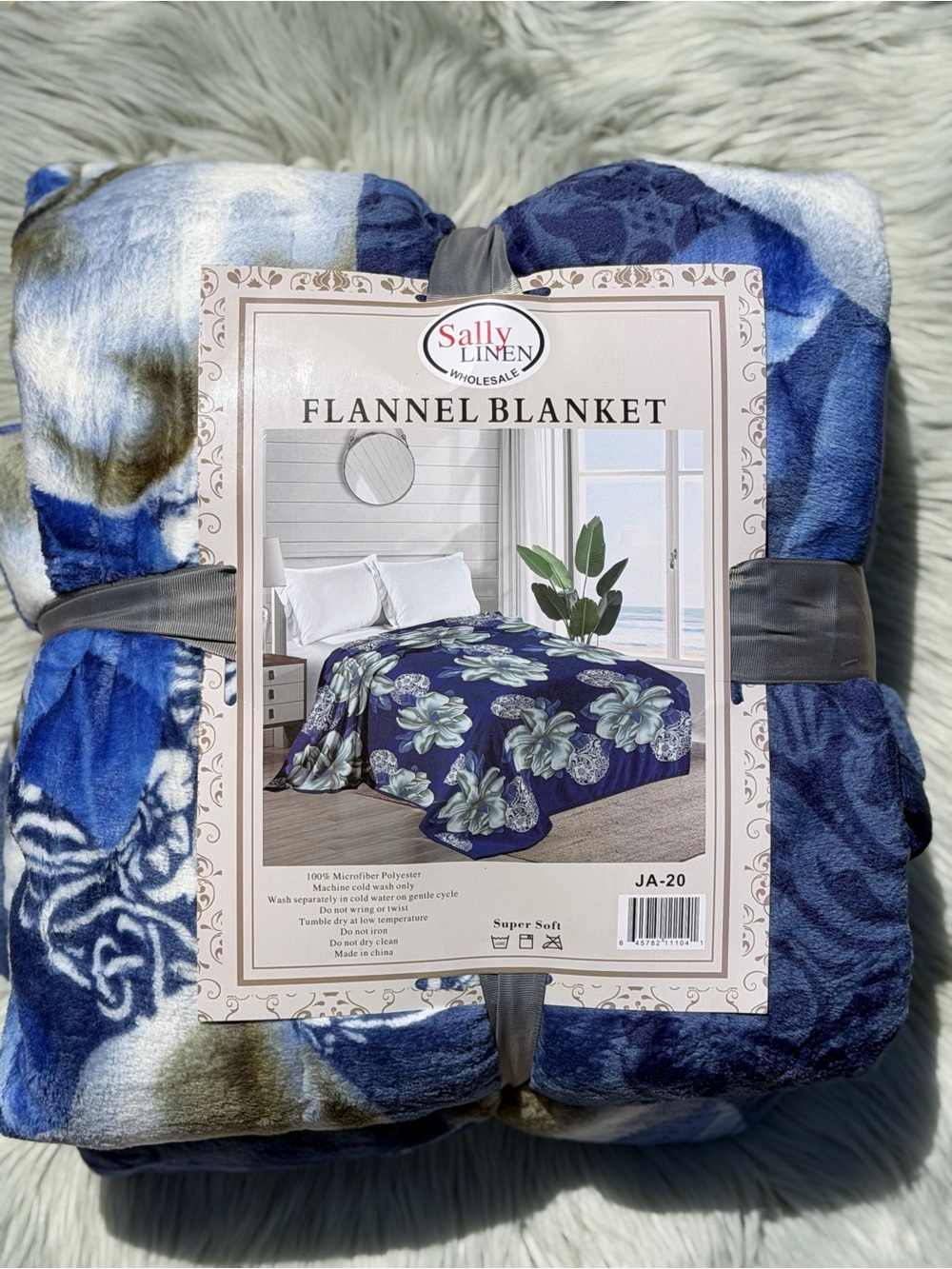 Navy Blue Floral Flannel Blanket king size double sided soft thick cozy warm